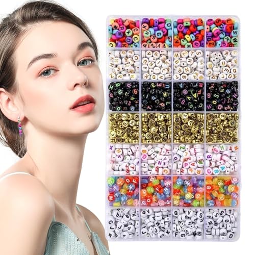 Zunishaone Kit de cuentas para pulseras – 1400 cuentas redondas con números de letra y corazón sonriente, cuentas surtidas de 4 x 7 mm con caja de 28 cuadrículas para pulseras, collares, fabricación