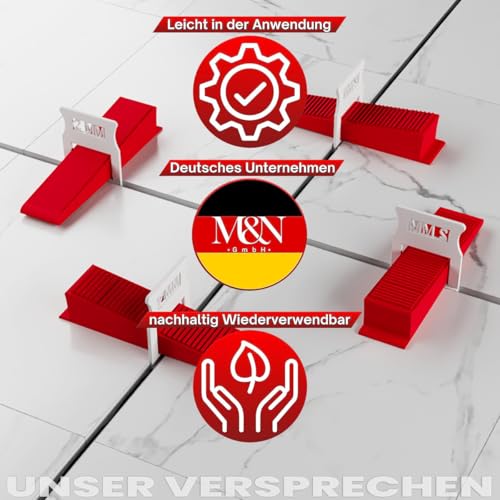 M&N Fliesen Nivelliersystem Set 1mm, 1,5mm, 2mm, 3mm Mega- Auswahl (200x 2mm Laschen) - Fliesen-Verlegehilfe Werkzeug für Leien & Profi - Fliesenleger Fliesennivellierungssystem Zubehör