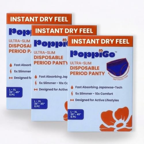 Image of Poppigo Ultra-Slim Disposable Period Panty for Women & Girls | (L-XL) |18 Pcs (6Pc x 3Packs) |35 inch-45 inch Inches | Slim Like Underwear | Leak-Proof | Soft Breathable | Comfort for Travel, Sleep & Active days.