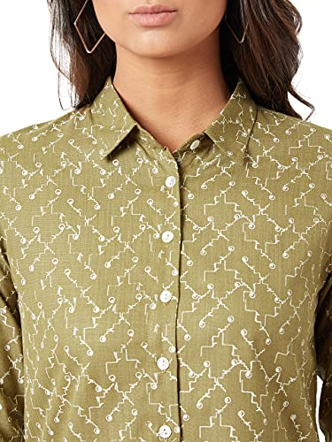 Image of Miss Chase Women's Multicolored-Base Olive Green Collared 3 /4 Sleeves Printed Basic Regular Length Shirt
