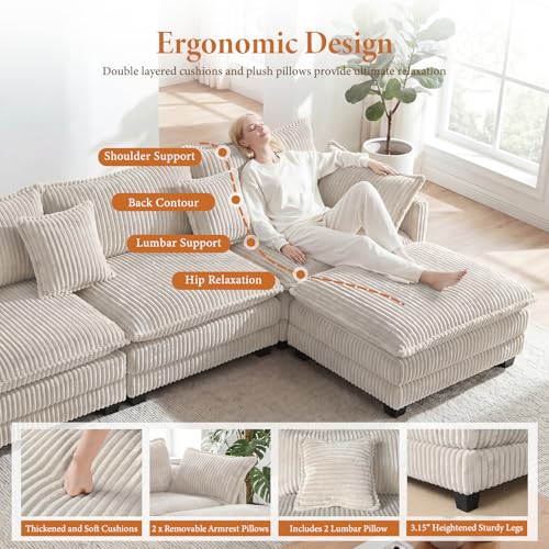 Image of Vesgantti 143 inch U Shaped Sectional Modular Couch, Comfy Corduroy Upholstered Modular Cloud Sofas for Living Room, Modern Sectional Sofa with 2 Ottoman Deep Seat, Beige