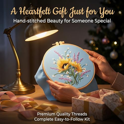 Image of Harimau Adult Beginner Embroidery Starter Kit, Complete Set with 4 Patterns, 2 Hoops, Needles, Scissors, Instruction Guide & Stitching Video Tutorials