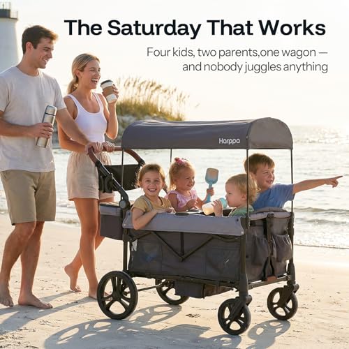Image of HARPPA Remy Wagon Stroller for 4 Kids, 280Ibs Capacity with Mosquito Net | 26-Inch Wide Seat Row, One-Hand Fold, 6 Cup Holders, UPF50+ Canopy, All-Terrain Wheels for Smooth Outdoor Adventures