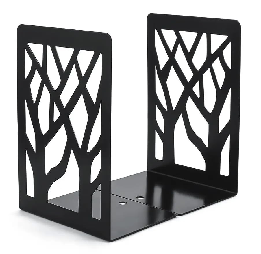Metal Bookends with Custom Tree Design for Shelves, Decorative Modern Design Book Ends, Book Stopper, Holder Stand – 2 Pieces. (Black)