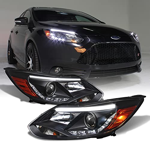 [For 2012-2014 Ford Focus] LED Strip DRL Black Projector Headlight Headlamp Assembly, Driver & Passenger Side
