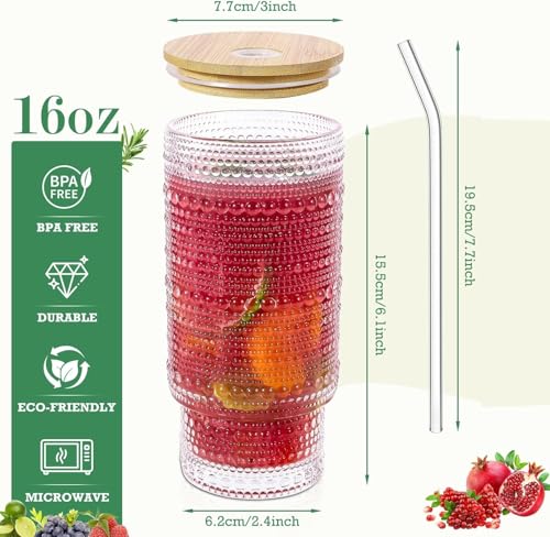 Image of KHOLAD Vintage Drinking Glasses Tumbler Set Of 1 With Bamboo Lids And Straws, Clear Fluted Textured Old Fashion Embossed Glass Sipper Iced Coffee Cups For Beer, Cocktail, Beverage (Embosse), 400Ml