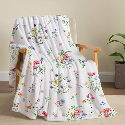 Volatumy Colorful Wildflowers Throw Blanket Botanical Plant Bed Blanket Watercolor Floral Flower Blankets Soft Flannel Fleece Throw Blanket Boho Cozy Fluffy Plush Blankets 60
