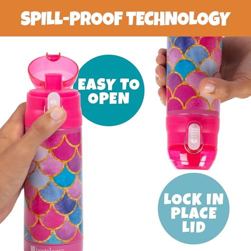Image of Bentology Stainless Steel 13 Oz Reusable Water Bottle for Kids, Mermaid | Double Wall Insulated, Spill Proof Lid W /Built-in Straw- Keep Liquids Hot or Cold- Easily Fits in Lunch Boxes & Bags