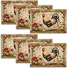 Farmhouse rooster placemats set of 6 farm chicken table mats country flowers place mats imitation linen heat resistant placemats for vintage dining decoration kitchen party restaurants 12×18  urban country home decor