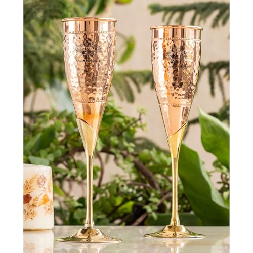 Image of INDIAN ART VILLA Copper Designer Champagne Glass with Brass Stand Set of 2 in Velvet Gift Box, 150 ML Each, Hammered Copper Flutes for Champagne, Cocktails, Parties, Weddings & Luxury Gifting