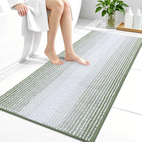 Image of OLANLY Bathroom Runner Rugs 44x24, Extra Soft Absorbent Chenille Striped Bath Rugs, Rubber Backing, Machine Wash Dry, Long Bath Mats for Bathroom, Tub, Shower, Home Decor Accessories, Sage Green