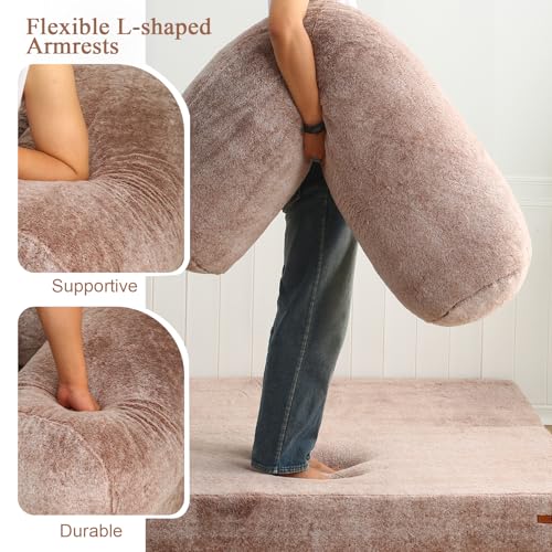 COMAX 4-in-1 Futon Sofa Bed, Queen Size Foldable Couch with L-Shaped Armrests, Convertible Sleeper Chair Bed, Comfortable Lounge Mattress for Living Room and Bedroom, Snow Brown