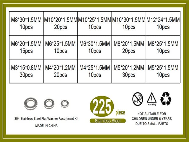 225 STÜCKE M3 M4 M5 M6 M8 M10 M12 Großes Unterlegscheiben-Set aus Metall GB97 304 Edelstahl Große breitere Unterlegscheiben-Sortiment-Kit - 225 STÜCKE