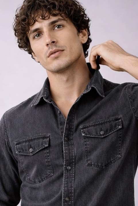 Image of Men's Slim Fit Western Denim Shirt with Dual Chest Pockets - Long Sleeve Button-Down Casual | Smart Casual Fashion Wear |Durable Tich snap Buttons.