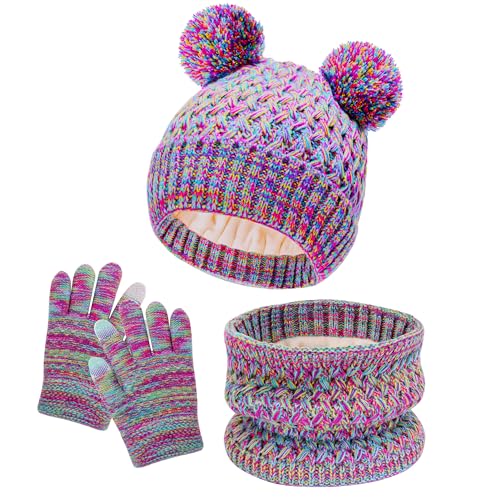 LYDTICK Kids Winter Hat Scarf Gloves Set, Toddler Beanie with Double Pom Pom Fleece Lined, Touch Screen Mitten for Girls Boys, Rainbow