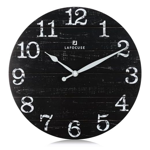 Lafocuse 12 Inch Silent Black Wall Clocks for Kitchen Living Room Decor, Wooden Rustic Wall Clock Battery Operated, Decorative Farmhouse Clock