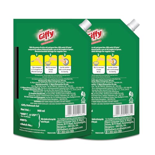 Image of Giffy Liquid Dishwash Gel 900ml(Pack of 2) | Green Lime and Active Salt | 50% More Effective | Tough Grease Removal Expert | Turbo Boosters | Mild fragrance | Removes Tough Malodour | Hand-Safe