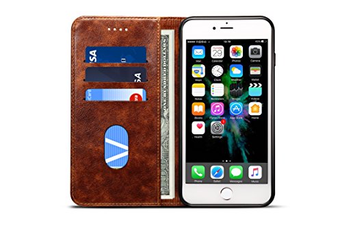 Image of PU Leather Wallet Folio Case for Apple iPhone 8 Plus /iPhone 7 Plus (5.5 Inch) Flip Cover Book Design Pouch with Stand & Card Slot Magnetic Push Closure - Brown