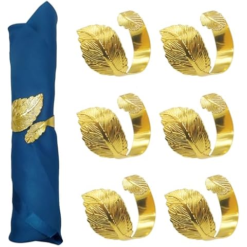 SEEBRIDER Gold Napkin Rings, 6PCS Leaf Napkin Rings Metal for Table Setting Wedding Birthday Anniversary Easter Christmas Halloween Thanksgiving Party Fall Cover