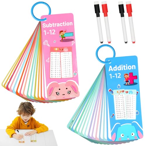 AOOHA Cartes d'apprentissage de la Table de Addition, Lot de 15 Cartes Flash de Mathématiques, avec Addition, Soustraction, avec Marqueurs Effaçables, Aide...