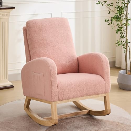 Image of Rocking Chair Nursery, Glider Rocking Accent Chair with Wood Legs, High Back Pocket Modern Upholstered Nursery Chair, Comfy Accent Rocker Armchair for Living Room Bedroom, Sherpa Pink