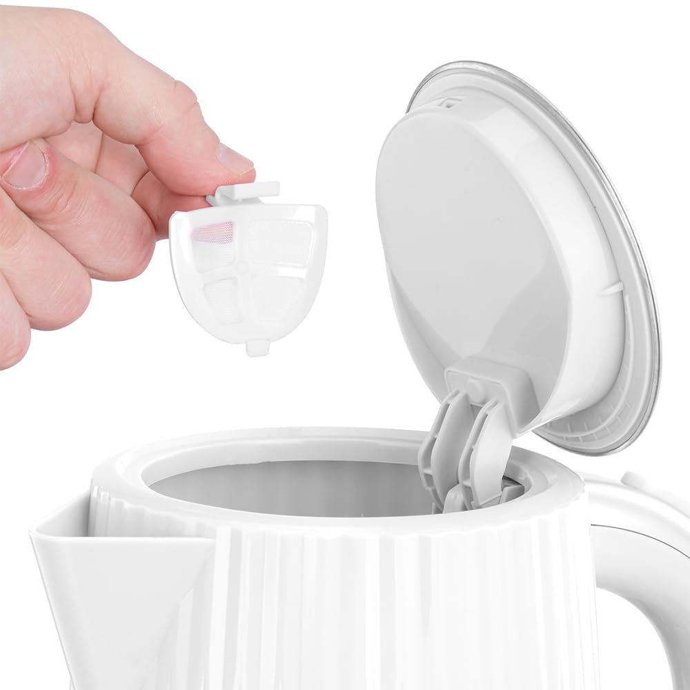 Russell Hobbs Hervidor de Agua Eléctrico, para agua caliente, té o café, 1,7 l, tapa apertura por presión, filtro extraíble y lavable, detalles cromados, blanco, 2400 W, Eden 27360-70