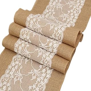 1/2/4Pc Hessian Table Runner with Lace White Table Runner Jute Burlap Table Runner Natural Hessian Runners for Tables Wedding Party Festival Dining Table Home Decor(1 Piece, 30x275cm)