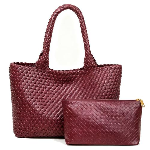 Image of Woven Tote Bag for Women Vegan Leather Handwoven Bags with Small Purse