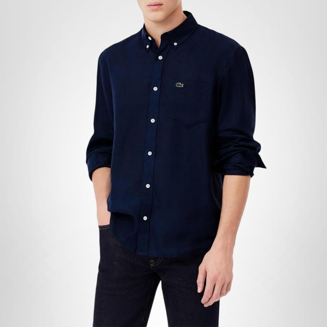 Lacoste Men's Long Sleeve Regular Fit Linen Button Down Shirt Navy Blue