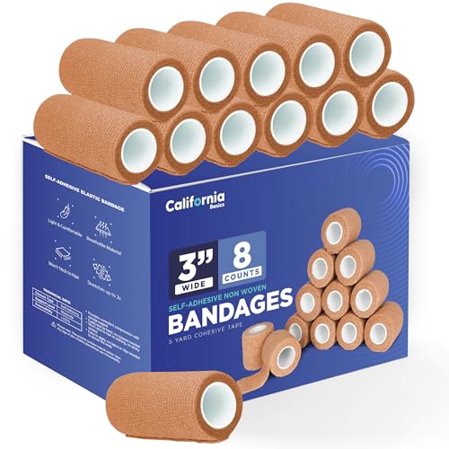 California Basics - 8 Pack - Self Adhesive Bandage Wraps - 3 Inch by 5 Yards Non Woven Self Adhesive Bandage Wrap, Brown Athletic Tape for Wrist, Hand & Ankle Wrap, Premium-Grade Medical Bandage Tape