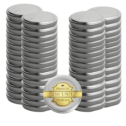 Tapones metálicos universales plateados 48 mm – 250 unidades: tapas para tarros de conservas y mermelada, tapa universal, tapa de repuesto