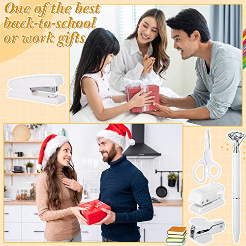 12 Pcs White Desk Accessories Office Supplies Set Stapler Set Scissor Hole Punch Small Tape Measure Staple Remover Binder Clips Paper Clips Knife Ballpoint Pen Transparent Tape Pen Holder #TOP6