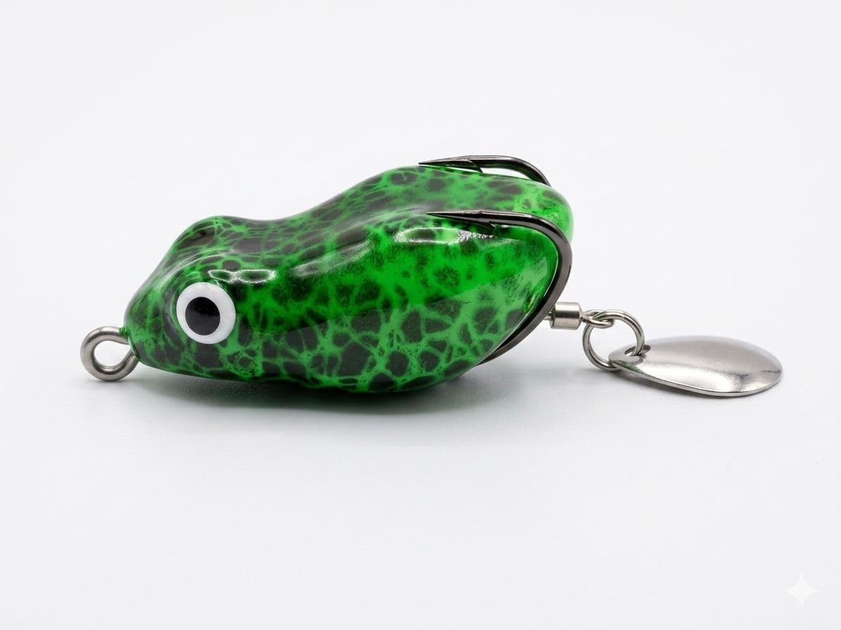 Fishing Frog Lure with Double Hooks & Spinner Blade | Topwater Artificial Soft Bait for Snakehead, Bass, Murrel & Freshwater Fishing | Weedless Frog Bait – Green-image-16