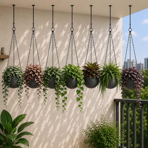 Image of Go Hooked Henri Hanging Planter Pot for Indoor & Outdoor Plants Pack of 7 | 7 Inch Plastic Hanging Pots with Metal Chain | Decorative Round Hanging Planter for Balcony, Garden & Home Decor (Grey)