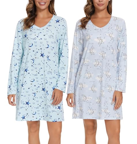 Image of Kabento 2 Pack Long Sleeve Nightgowns for Women Soft Cotton Night Gowns Sleepwear V Neck Nightshirts