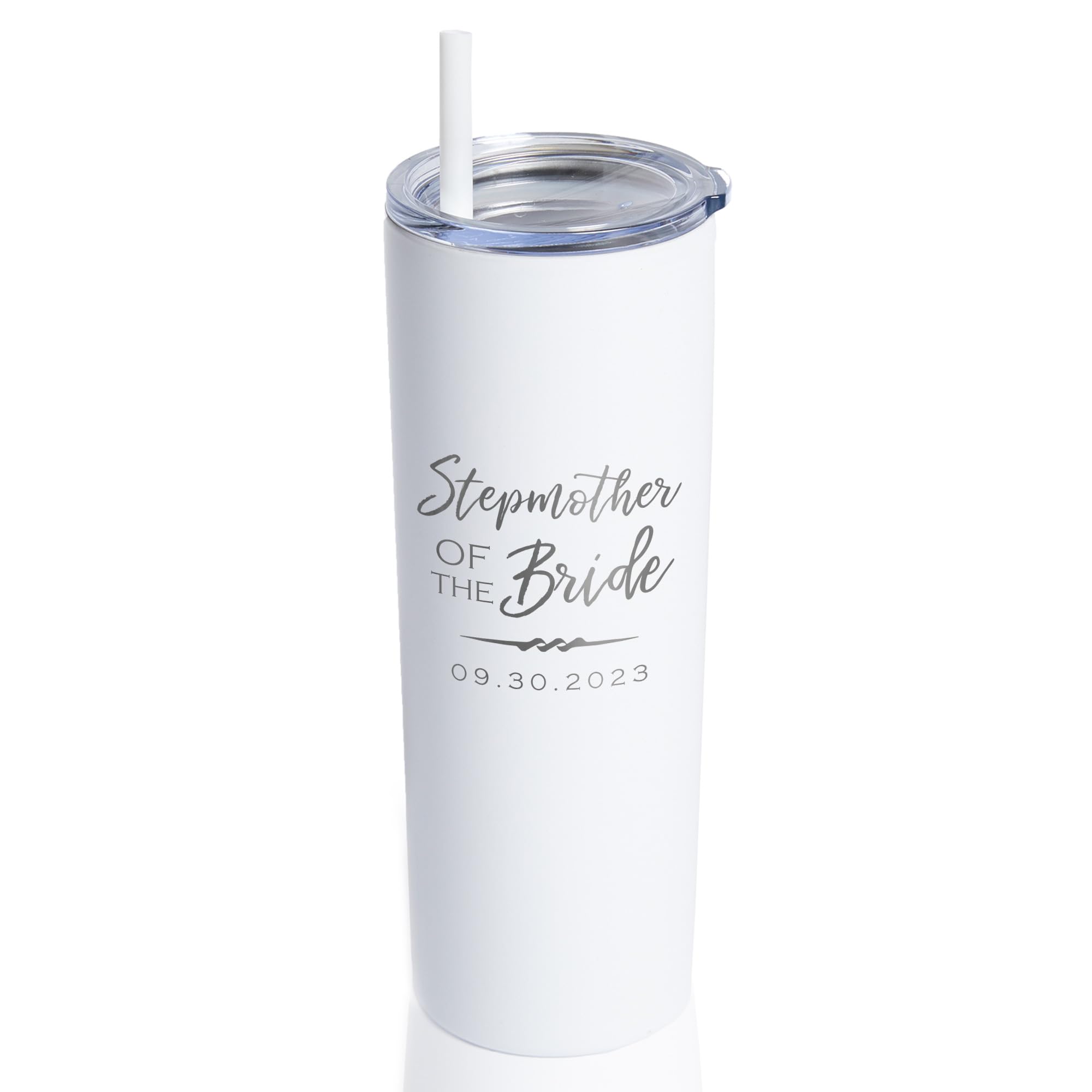 Lifetime Creations Engraved Personalized Stepmother of the Bride Skinny Stainless Steel Tumbler with Straw 20 oz (White)
