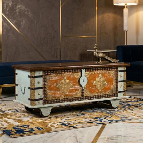 Image of Opea Wooden Trunk Box for Storage | Solid Wood Coffee Table for Living Room | Handcrafted Center Tea Table with Sandook Storage for Living Room | Pitara for Home and Bedroom (Mint Distress)