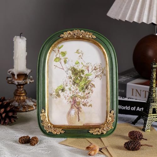 Vintage 5x7 Picture Frame, Ornate Gold Green Arch Frames Resin Photo Frame with Glass Front for Tabletop or Wall Display, Antique Decorative Frame for Home Decor or Gift