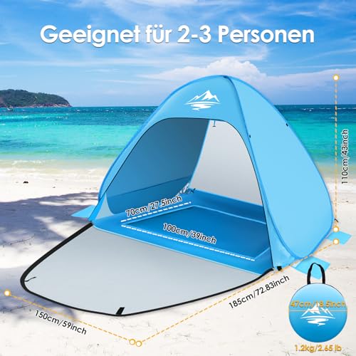 MAXDONE Strandmuschel Pop Up Strandzelt mit Pool, Automatisches Strand Camping Zelt, UV-Schutz 50+, für 2-3 Personen, Tragbar Extra Light Strandzelt für Familien Strand Camping Garten mit Tragetasche