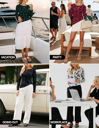 Image of ZESICA Womens Floral Long Sleeve Shirts 2026 Spring Boat Neck Mesh Ruched Tops Fitted Asymmetrical Going Out Blouses