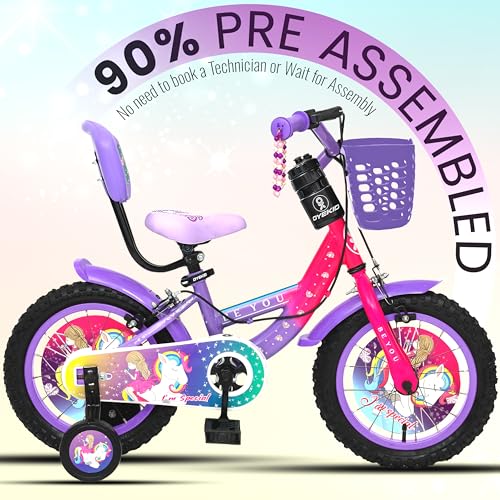 Image of Be You 14T Kids Bicycle for Girls with Training Wheels, Basket & Bottle | 14 Inch Cycle with Backrest & Full Chain Cover (Pink Purple, 14T)