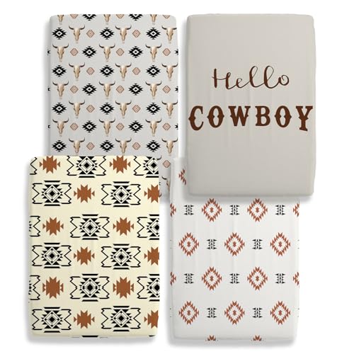 Image of 4 Pack Western Crib Set for Baby Boys, Soft Breathable Fitted Crib Sheet 28 x 52 in, Aztec Cowboy Nursery Decor for Standard Crib and Toddler Bed Mattresses