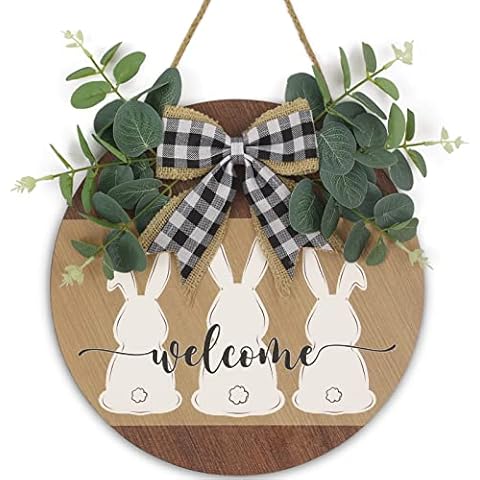 Easter Welcome Sign Front Door Decor with Bunny Rabbit Bow, Rustic Round Wooden Easter Wreath Sign for Spring Home Front Porch Window Wall Farmhouse Easter Decorations Cover