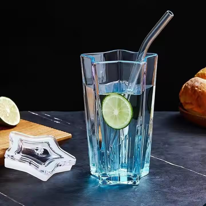 Image of 300ml Star Shaped Glass Tumbler with Lid & Straw - Cute Pentagram Design Drinking Cup for Juice, Coffee, Iced Tea, Milk, Cocktail - Reusable Color Glass Sipper Mug - Set of 1