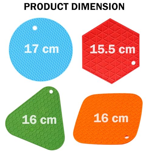 Image of Signamio Silicone Mat for Kitchen - Pack of 4, Heat Resistant Coasters for Dining Table for Hot Pots, Heat Mats - Includes Round, Triangle, Square, Hexagon Shapes for Versatile Use