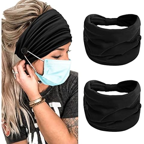 TERSE 2 Packs Headbands with Buttons for Mask Ear Savers 7’’ Extra Wide Non Slip Nurse Headband for Women Men Doctors Black Elastic Ears Protector Head Bands Sweatband Hair Accessories… Cover
