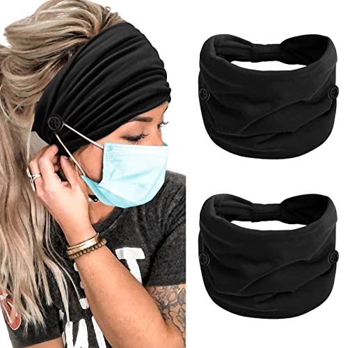 Terse 2 Packs Headbands With Buttons For Mask Ear Savers 7’’ Extra Wide Non Slip Nurse Headband For Women Men Doctors Black Elastic Ears Protector Head Bands Sweatband Hair Accessories… cover