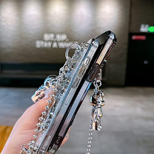 Doiodu Electroplated For Iphone 14 Pro Max 6.7" Quicksand Case With Metal Lanyard Bell Pendant And Bear Doll,Clear Glitter Sparkly Bear Slim Shockproof Full Body Protecive Case With Camera Protector #TOP1