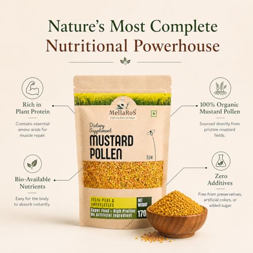 Image of Organic Bee Pollen Granules 170g (with Spoon) | Protein Rich Superfood for Energy & Immunity Support | Pure Bee Pollen - Mustard Blossoms