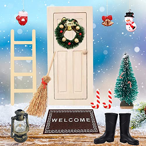 Miniatur Wichtel Set, Wichteltür Weihnachten Set, Deko Dänische Wichtel Tür Wichteltür Nissedor, Mit Zubehör Weihnachtsbaum Dekokranz Stiefel Laterne Holzleiter Wichtelbesen Zuckerstange Verzierungen Cover